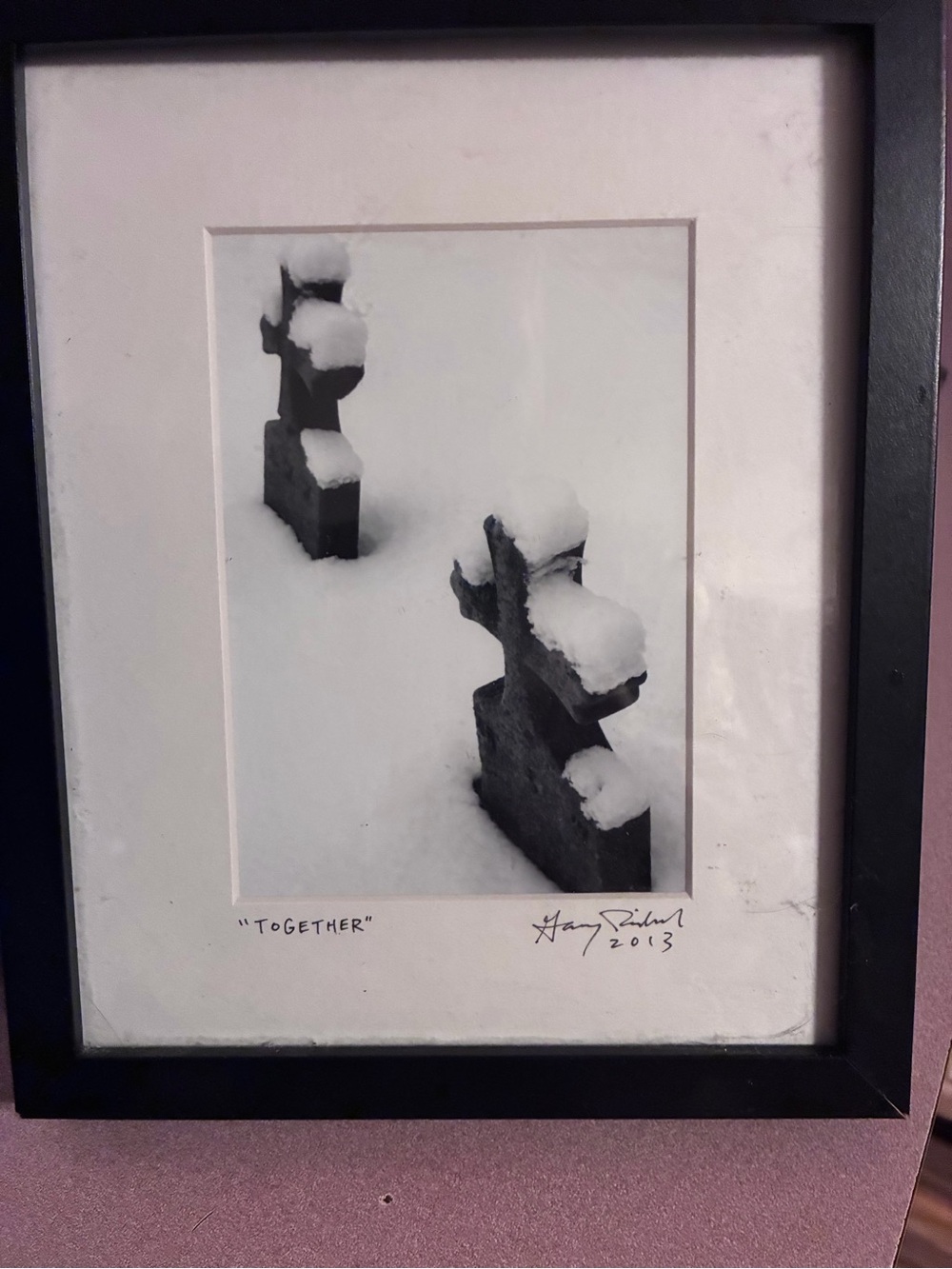 Framed Black and White 'Together' Snow Cemetery Art Print